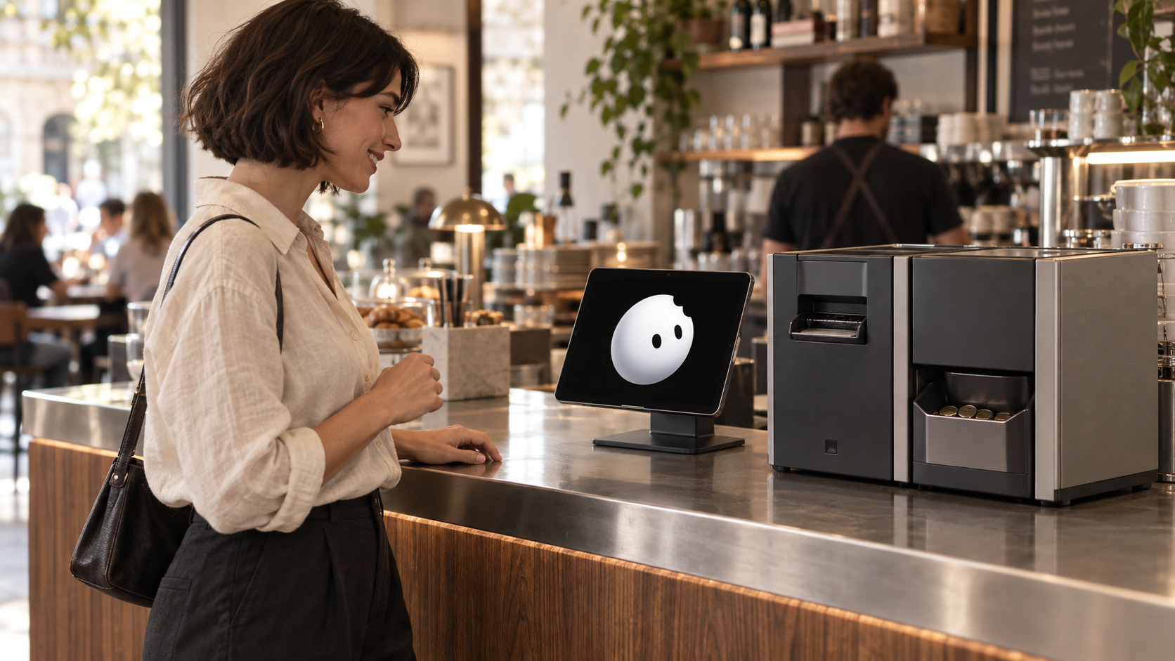Concept illustrato: una cliente parla con la mascotte Bite al banco.