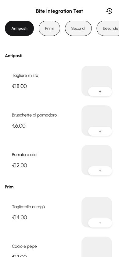 Schermata reale di Bite Menu: categorie, piatti, prezzi e pulsanti per aggiungere gli articoli.